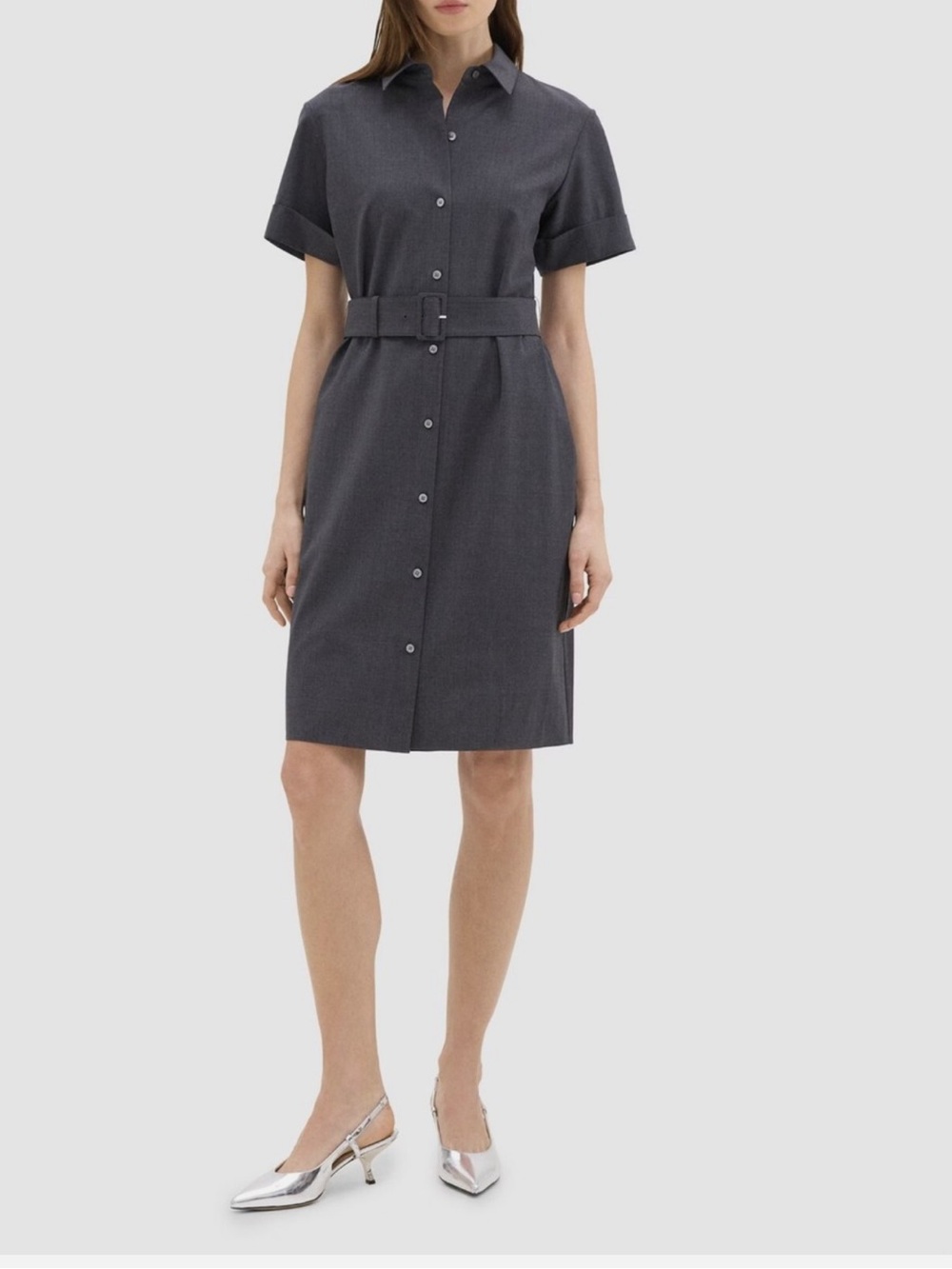 Theory Charcoal Short-Sleeve Belted Shirt Dress